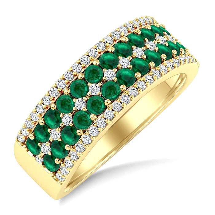 2 MM Round Shape Emerald and 1/3 Ctw Round Cut Diamond Precious Band in 14K Yellow Gold