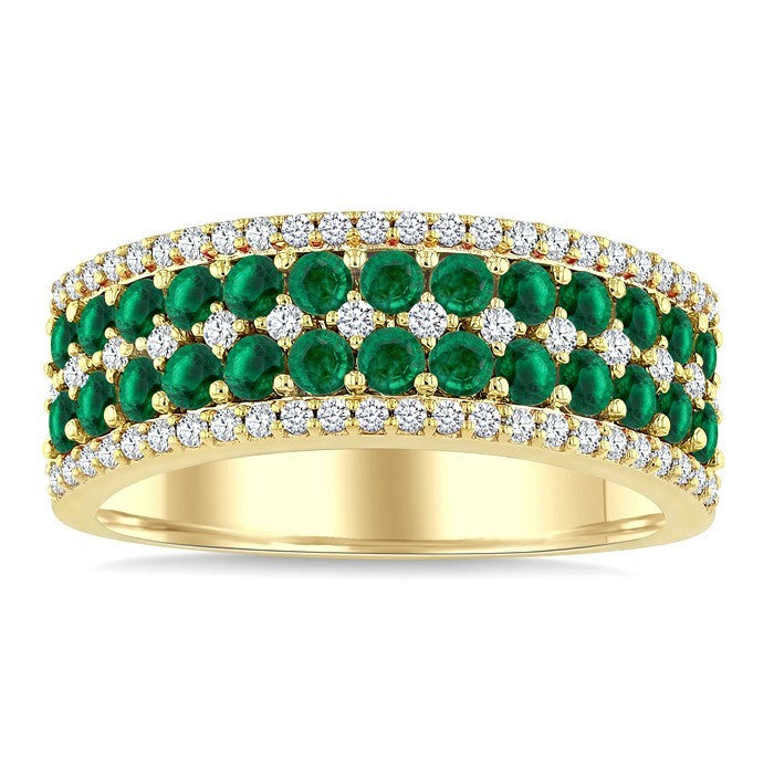 2 MM Round Shape Emerald and 1/3 Ctw Round Cut Diamond Precious Band in 14K Yellow Gold