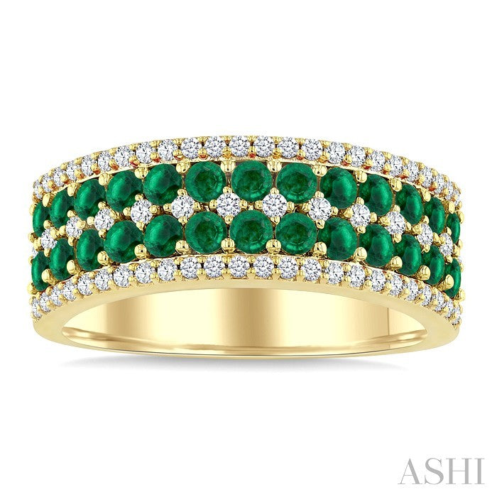 2 MM Round Shape Emerald and 1/3 Ctw Round Cut Diamond Precious Band in 14K Yellow Gold