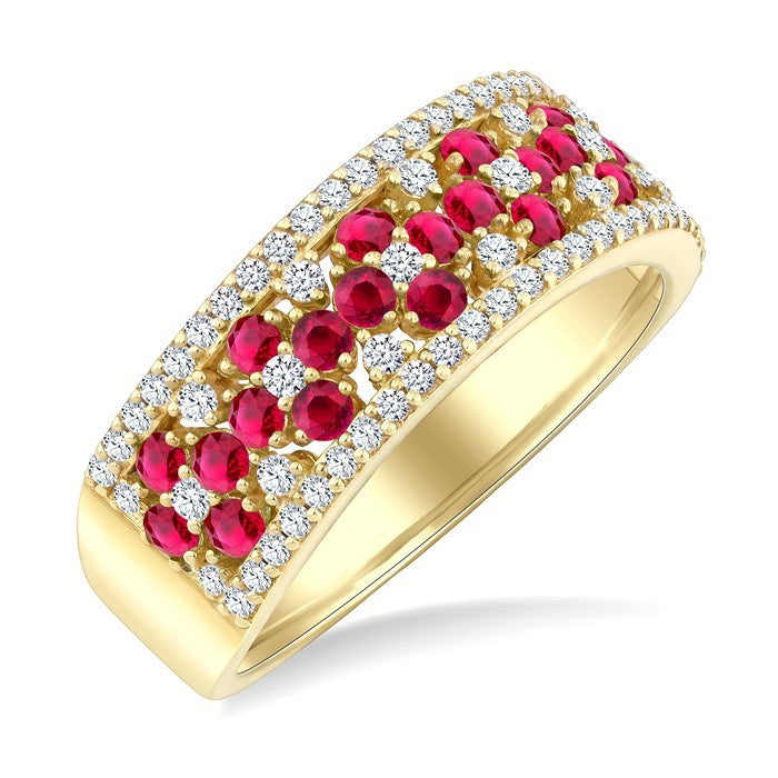 2 MM Round Shape Ruby and 3/8 Ctw Round Cut Diamond Precious Band in 14K Yellow Gold