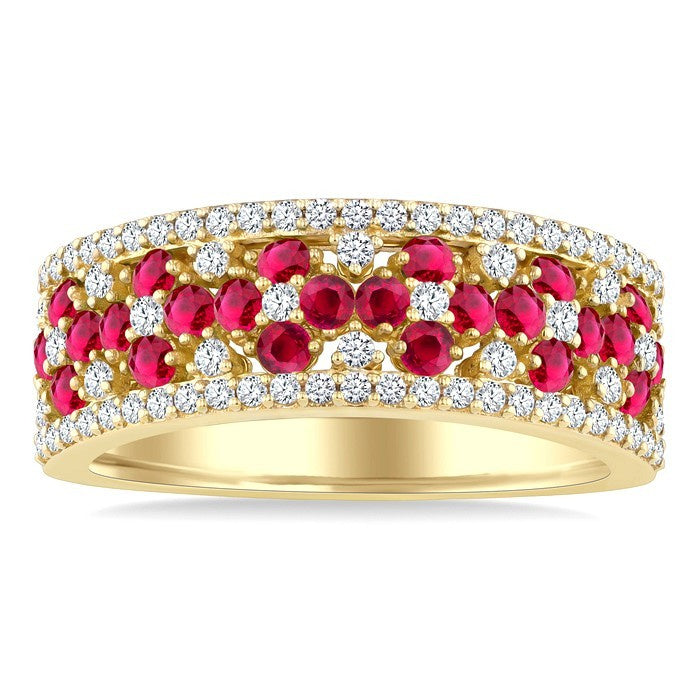 2 MM Round Shape Ruby and 3/8 Ctw Round Cut Diamond Precious Band in 14K Yellow Gold