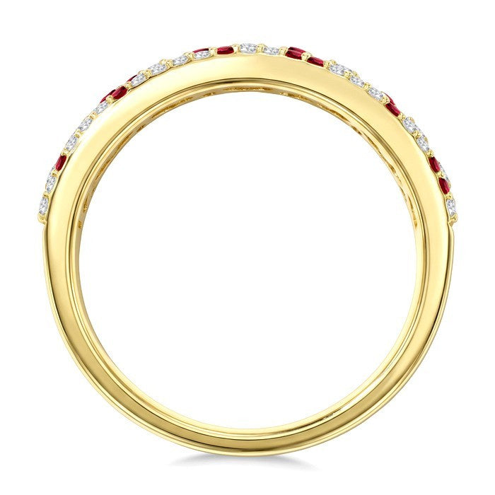 2 MM Round Shape Ruby and 3/8 Ctw Round Cut Diamond Precious Band in 14K Yellow Gold
