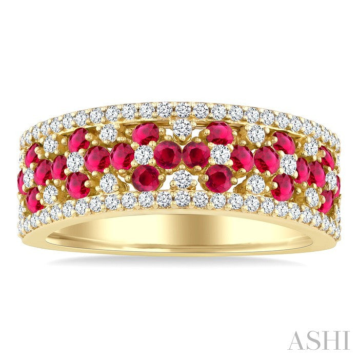 2 MM Round Shape Ruby and 3/8 Ctw Round Cut Diamond Precious Band in 14K Yellow Gold