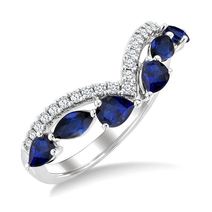 4X3 MM Pear Shape Sapphire and 5X2.5 MM Marquise Shape Sapphire and 1/6 Ctw Round Cut Diamond Chevron Fashion Precious Band in 14K White Gold