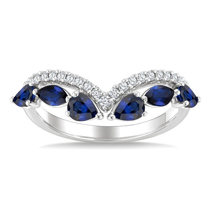 4X3 MM Pear Shape Sapphire and 5X2.5 MM Marquise Shape Sapphire and 1/6 Ctw Round Cut Diamond Chevron Fashion Precious Band in 14K White Gold