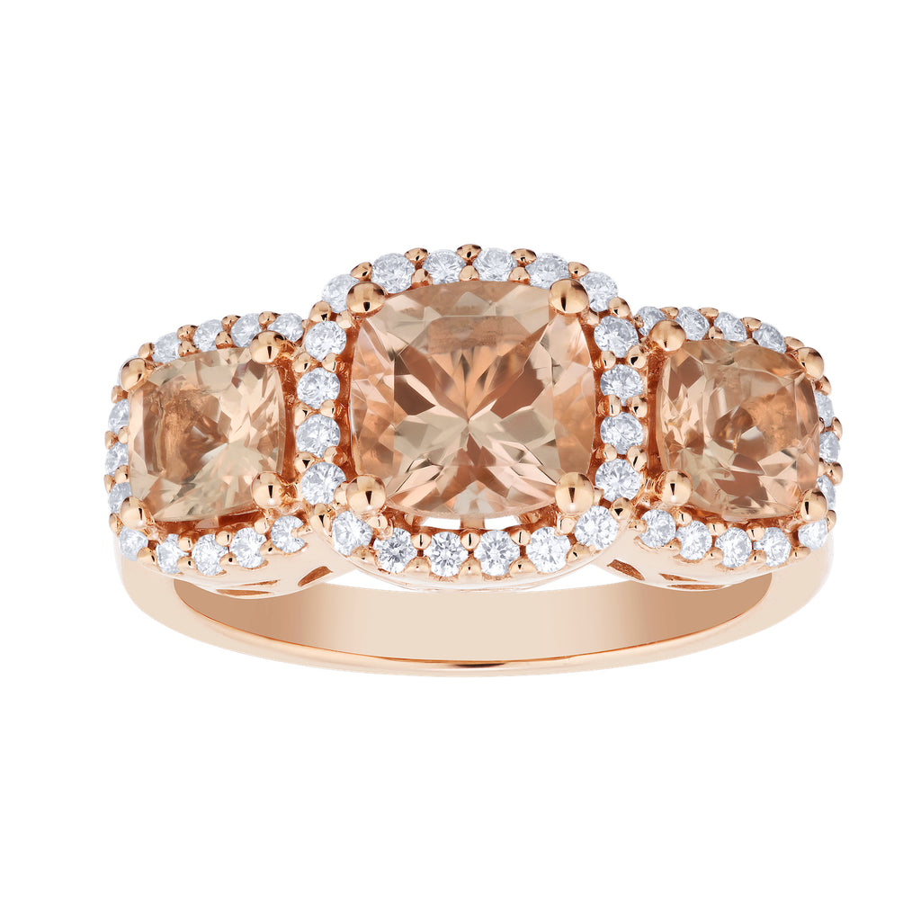Diamond and Cushion Shaped 3 Stone Morganite Halo Ring.