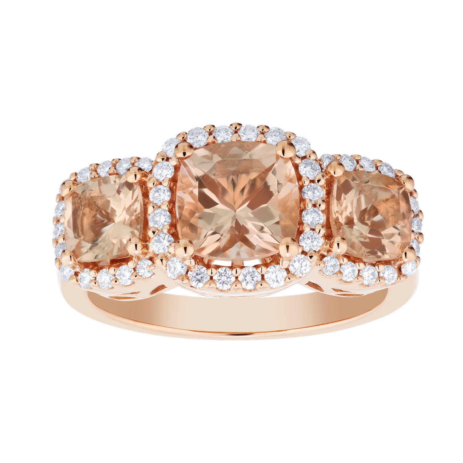 Diamond and Cushion Shaped 3 Stone Morganite Halo Ring.