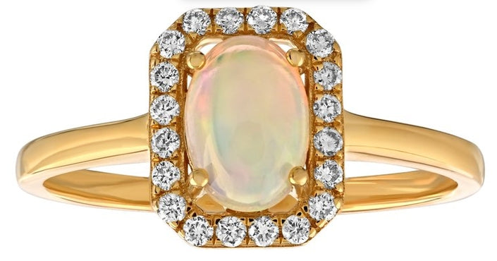 10K Yellow Gold Emerald Shape Halo Ring Diamond and Opal 1.07 Ctw