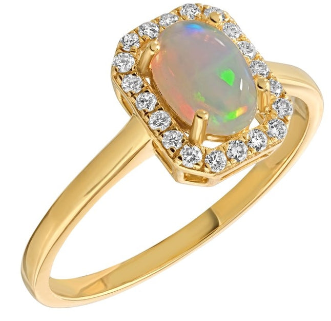 10K Yellow Gold Emerald Shape Halo Ring Diamond and Opal 1.07 Ctw