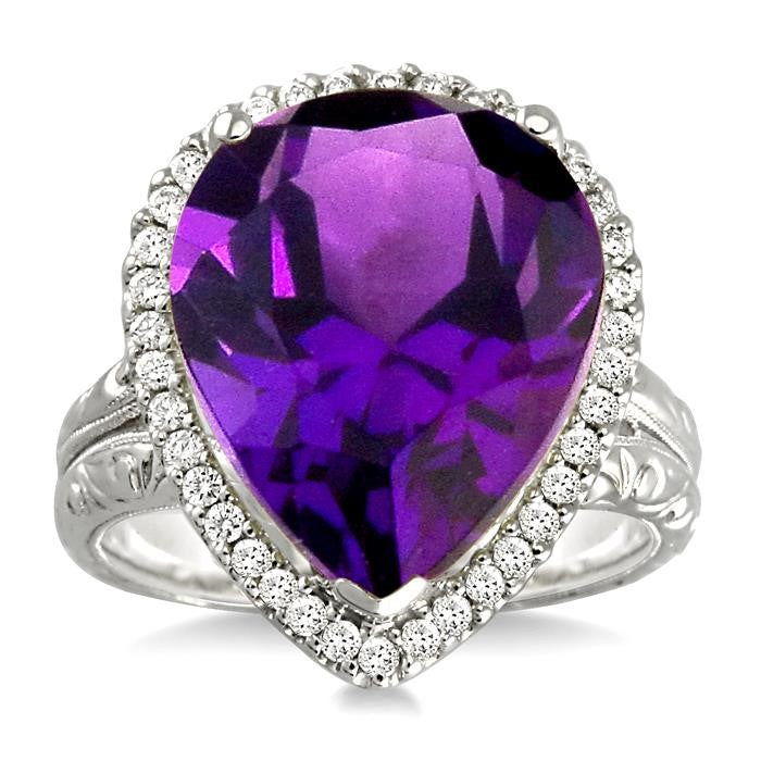 16x13 MM Pear Shape Amethyst and 1/3 Ctw Round Cut Diamond Semi-Precious Ring in 14K White Gold