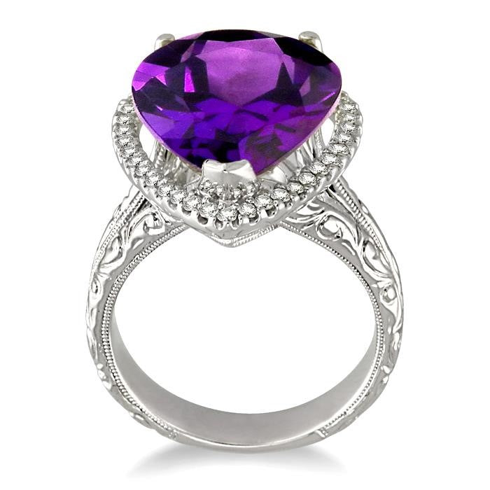 16x13 MM Pear Shape Amethyst and 1/3 Ctw Round Cut Diamond Semi-Precious Ring in 14K White Gold