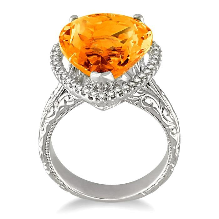 16x13 MM Pear Shape Citrine and 1/3 Ctw Round Cut Diamond Semi-Precious Ring in 14K White Gold