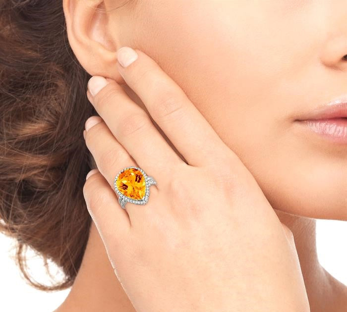 16x13 MM Pear Shape Citrine and 1/3 Ctw Round Cut Diamond Semi-Precious Ring in 14K White Gold