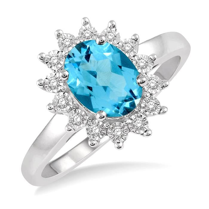 8x6 MM Oval Shape Blue Topaz and 1/10 Ctw Round Cut Diamond Semi-Precious Ring in 10K White Gold