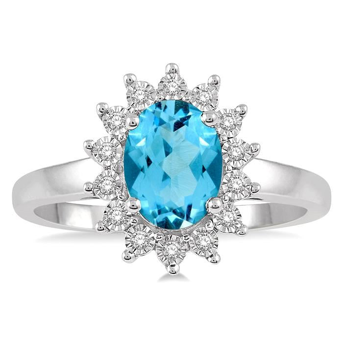 8x6 MM Oval Shape Blue Topaz and 1/10 Ctw Round Cut Diamond Semi-Precious Ring in 10K White Gold