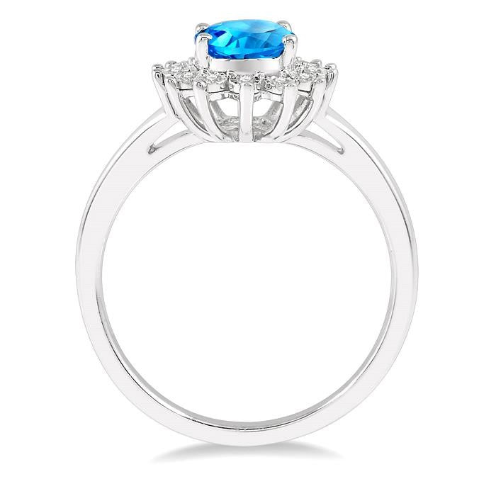 8x6 MM Oval Shape Blue Topaz and 1/10 Ctw Round Cut Diamond Semi-Precious Ring in 10K White Gold