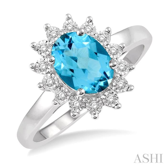 8x6 MM Oval Shape Blue Topaz and 1/10 Ctw Round Cut Diamond Semi-Precious Ring in 10K White Gold