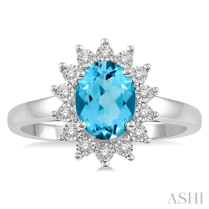 8x6 MM Oval Shape Blue Topaz and 1/10 Ctw Round Cut Diamond Semi-Precious Ring in 10K White Gold