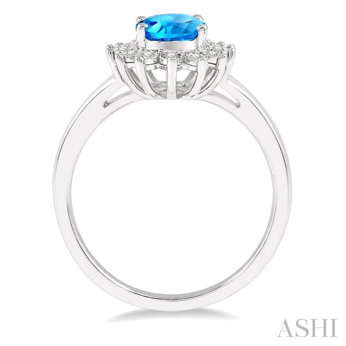 8x6 MM Oval Shape Blue Topaz and 1/10 Ctw Round Cut Diamond Semi-Precious Ring in 10K White Gold
