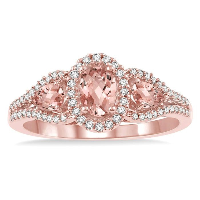 6x4 MM Oval Cut and 5x3 MM Pear Cut Morganite and 1/5 Ctw Round Diamond Semi-Precious Ring in 10K Rose Gold