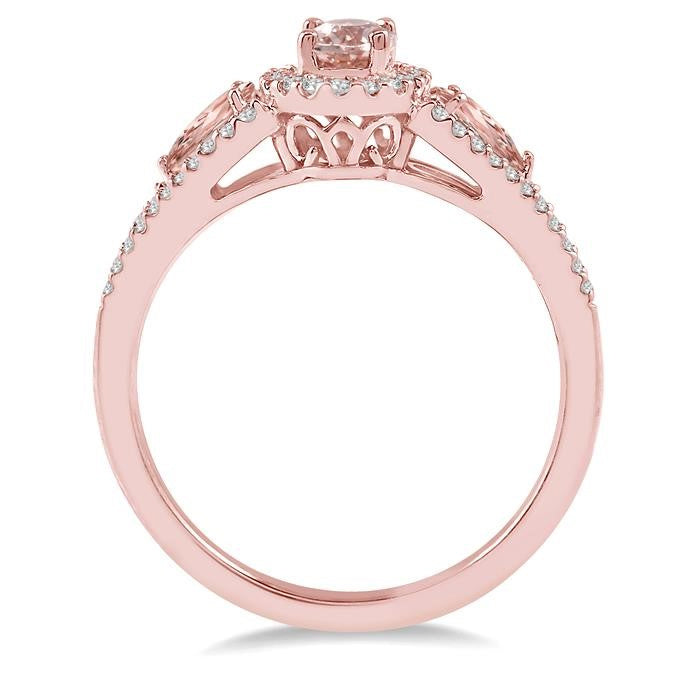 6x4 MM Oval Cut and 5x3 MM Pear Cut Morganite and 1/5 Ctw Round Diamond Semi-Precious Ring in 10K Rose Gold
