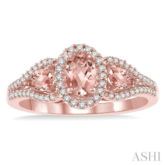 6x4 MM Oval Cut and 5x3 MM Pear Cut Morganite and 1/5 Ctw Round Diamond Semi-Precious Ring in 10K Rose Gold