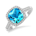 Cushion Shape Blue Topaz Gemstone & Halo Diamond Ring