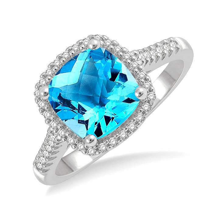 Cushion Shape Blue Topaz Gemstone & Halo Diamond Ring