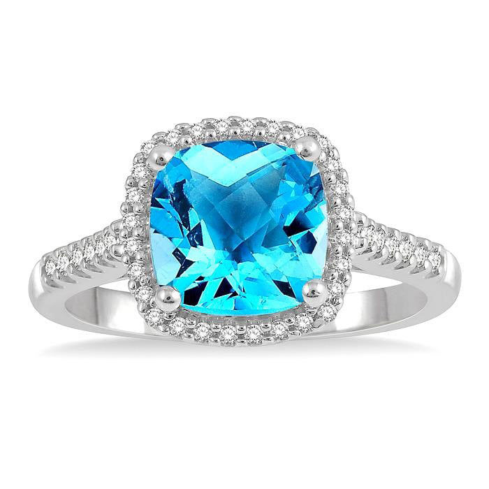 Cushion Shape Blue Topaz Gemstone & Halo Diamond Ring