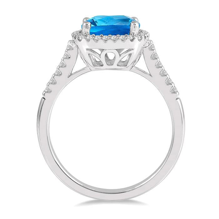 Cushion Shape Blue Topaz Gemstone & Halo Diamond Ring