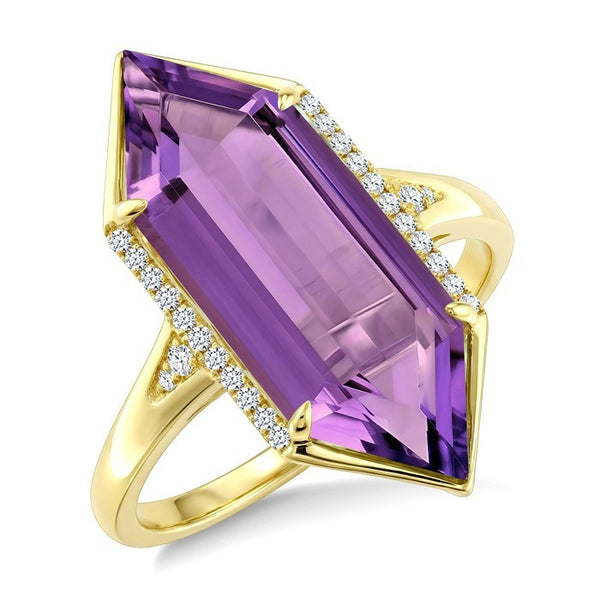 22X8 MM Evoque Gemstones Hexagon Shape Amethyst and 1/10 Ctw Round Cut Diamond Semi-Precious Ring in 14K Yellow Gold