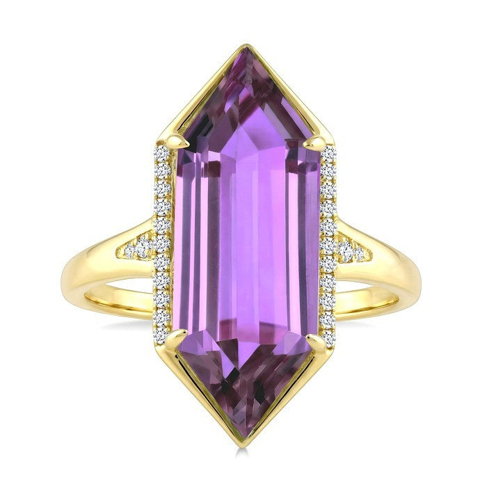 22X8 MM Evoque Gemstones Hexagon Shape Amethyst and 1/10 Ctw Round Cut Diamond Semi-Precious Ring in 14K Yellow Gold