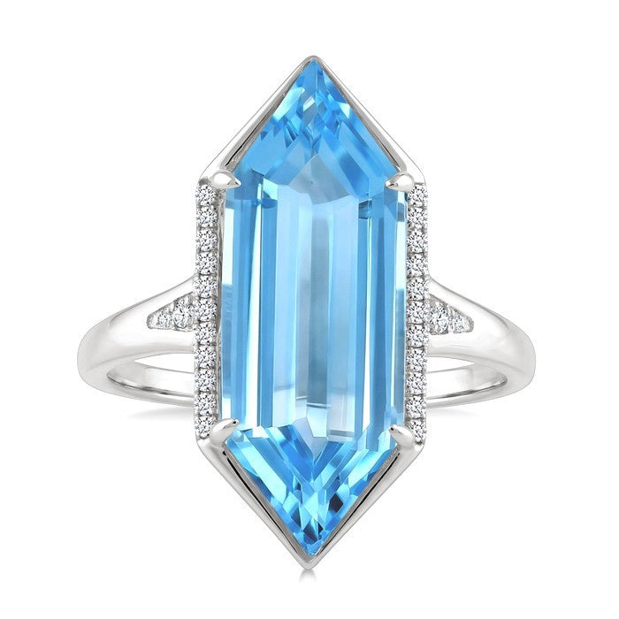 22X8 MM Evoque Gemstones Hexagon Shape Blue Topaz and 1/10 Ctw Round Cut Diamond Semi-Precious Ring in 14K White Gold