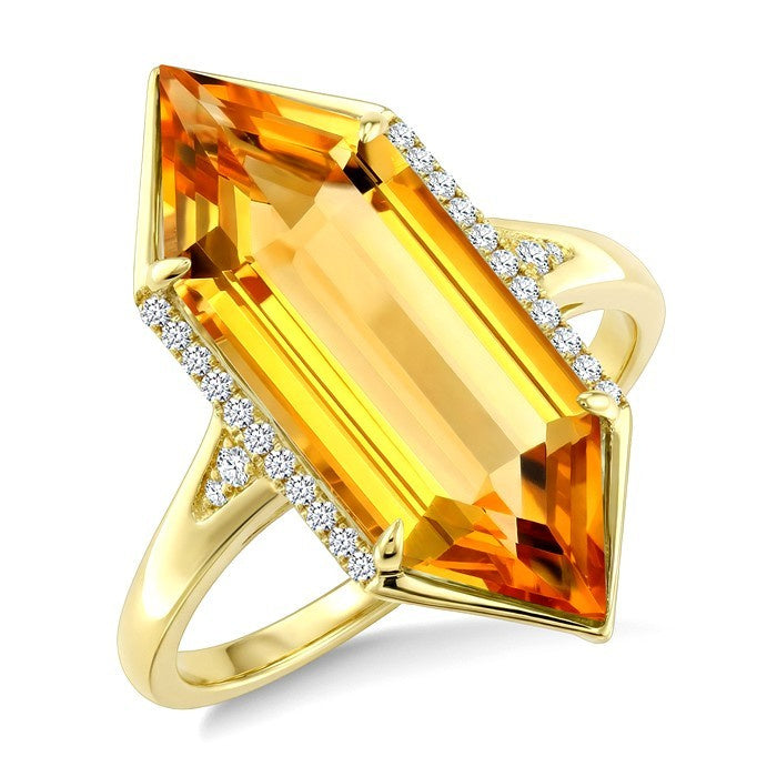 22X8 MM Evoque Gemstone Hexagon Shape Citrine and 1/10 Ctw Round Cut Diamond Semi-Precious Ring in 14K Yellow Gold