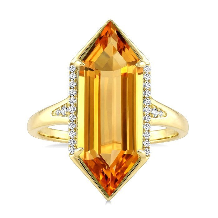 22X8 MM Evoque Gemstone Hexagon Shape Citrine and 1/10 Ctw Round Cut Diamond Semi-Precious Ring in 14K Yellow Gold