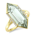 22X8 MM Evoque Gemstone Hexagon Shape Green Amethyst and 1/10 Ctw Round Cut Diamond Semi-Precious Ring in 14K Yellow Gold
