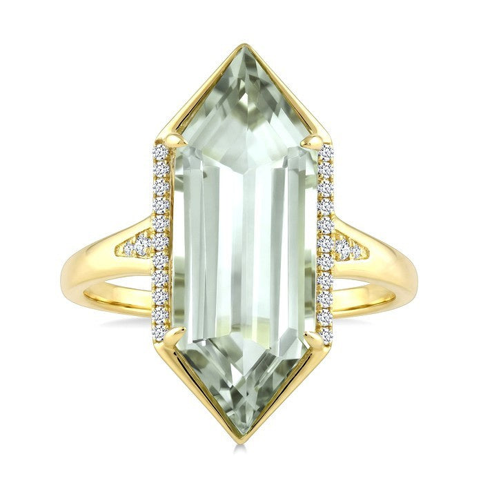 22X8 MM Evoque Gemstone Hexagon Shape Green Amethyst and 1/10 Ctw Round Cut Diamond Semi-Precious Ring in 14K Yellow Gold