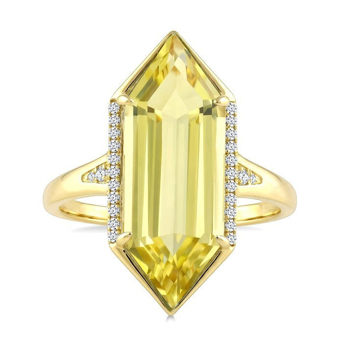 22X8 MM Evoque Gemstones Hexagon Shape Lemon Quartz and 1/10 Ctw Round Cut Diamond Semi-Precious Ring in 14K Yellow Gold