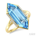 22X8 MM Evoque Gemstones Hexagon Shape Blue Topaz and 1/10 Ctw Round Cut Diamond Semi-Precious Ring in 14K Yellow Gold