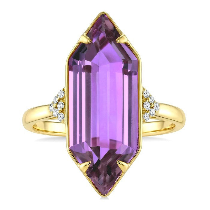 22X8 MM Evoque Gemstones Hexagon Shape Amethyst and 1/20 Ctw Round Cut Diamond Semi-Precious Ring in 14K Yellow Gold