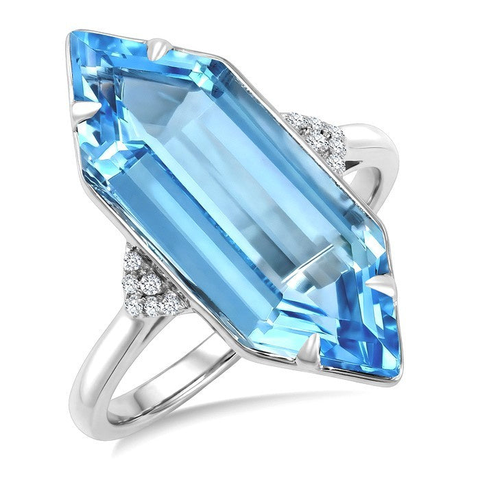 22X8 MM Evoque Gemstones Hexagon Shape Blue Topaz and 1/20 Ctw Round Cut Diamond Semi-Precious Ring in 14K White Gold