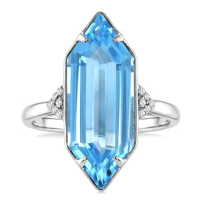 22X8 MM Evoque Gemstones Hexagon Shape Blue Topaz and 1/20 Ctw Round Cut Diamond Semi-Precious Ring in 14K White Gold