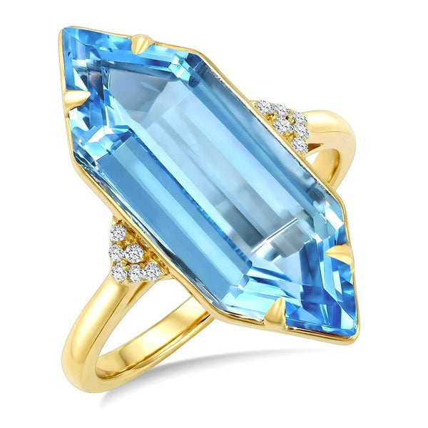 22X8 MM Evoque Gemstones Hexagon Shape Blue Topaz and 1/20 Ctw Round Cut Diamond Semi-Precious Ring in 14K Yellow Gold