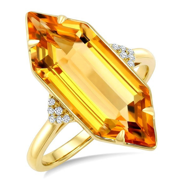 22X8 MM Evoque Gemstone Hexagon Shape Citrine and 1/20 Ctw Round Cut Diamond Semi-Precious Ring in 14K Yellow Gold