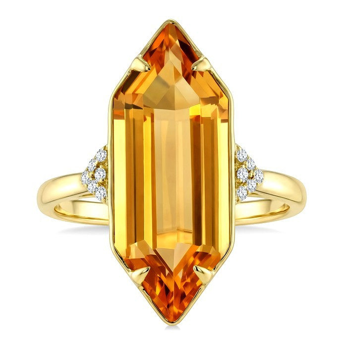 22X8 MM Evoque Gemstone Hexagon Shape Citrine and 1/20 Ctw Round Cut Diamond Semi-Precious Ring in 14K Yellow Gold