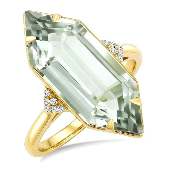 22X8 MM Evoque Gemstone Hexagon Shape Green Amethyst and 1/20 Ctw Round Cut Diamond Semi-Precious Ring in 14K Yellow Gold