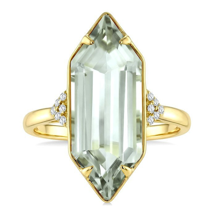 22X8 MM Evoque Gemstone Hexagon Shape Green Amethyst and 1/20 Ctw Round Cut Diamond Semi-Precious Ring in 14K Yellow Gold