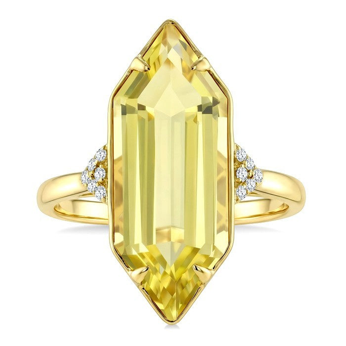 22X8 MM Evoque Gemstones Hexagon Shape Lemon Quartz and 1/20 Ctw Round Cut Diamond Semi-Precious Ring in 14K Yellow Gold