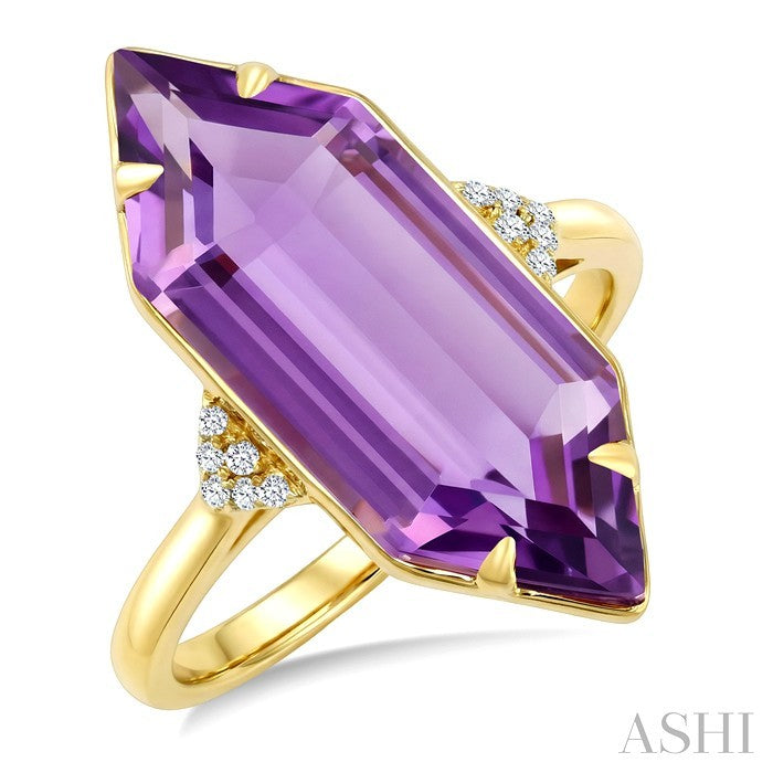 22X8 MM Evoque Gemstones Hexagon Shape Amethyst and 1/20 Ctw Round Cut Diamond Semi-Precious Ring in 14K Yellow Gold