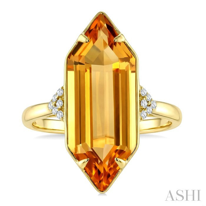 22X8 MM Evoque Gemstone Hexagon Shape Citrine and 1/20 Ctw Round Cut Diamond Semi-Precious Ring in 14K Yellow Gold
